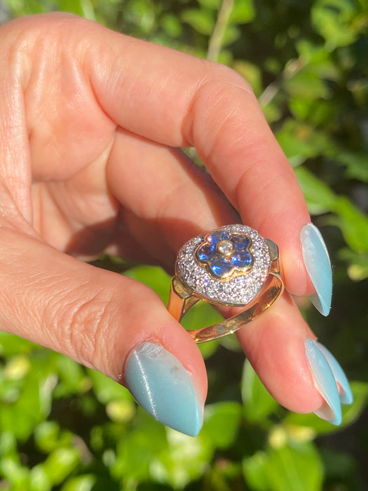 18k platinum diamond heart blue sapphire flower ring size 10.5