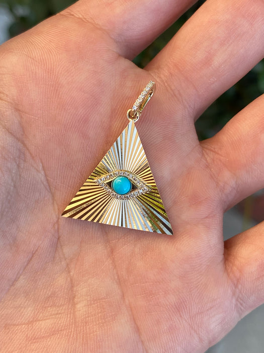 14k fluted triangle evil eye turquoise diamond charm