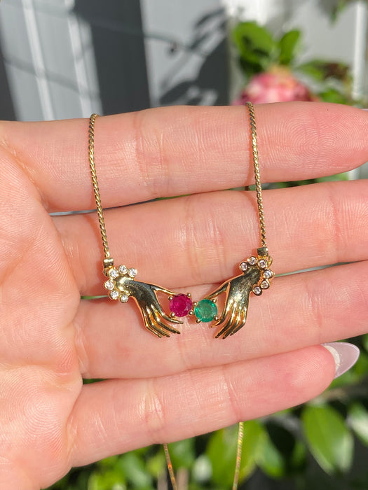 Vintage 18K Gold Hand Necklace with Ruby, Emerald & Diamond Accents – 16.25”