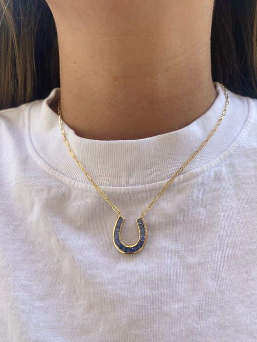 14K Gold Blue Sapphire Ombre Horseshoe Paperclip Necklace