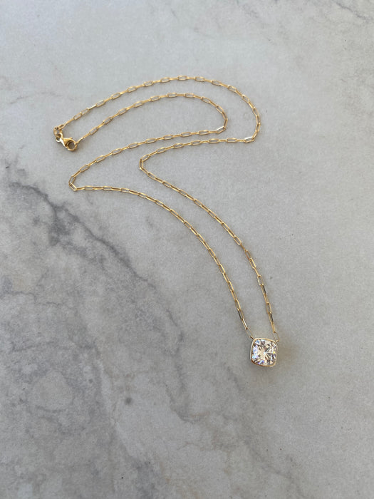14K Gold 2.25 Lab Cushion Bezel-Set Diamond Paperclip Necklace 18”