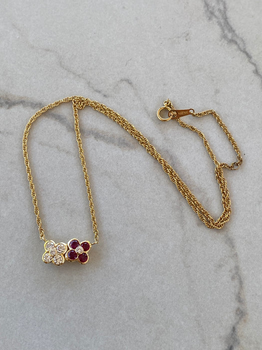 Vintage 18K Ruby & Diamond Flower Rope Chain Necklace