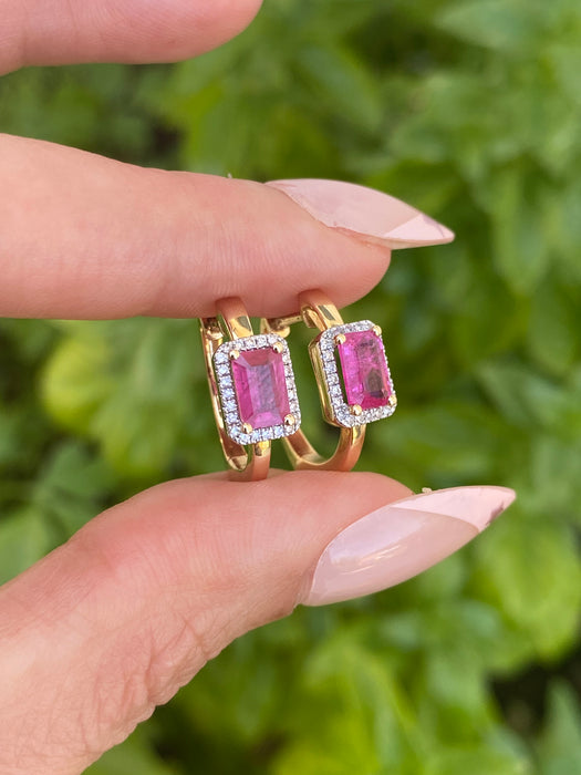 14K Gold Ruby & Diamond Huggie Earrings