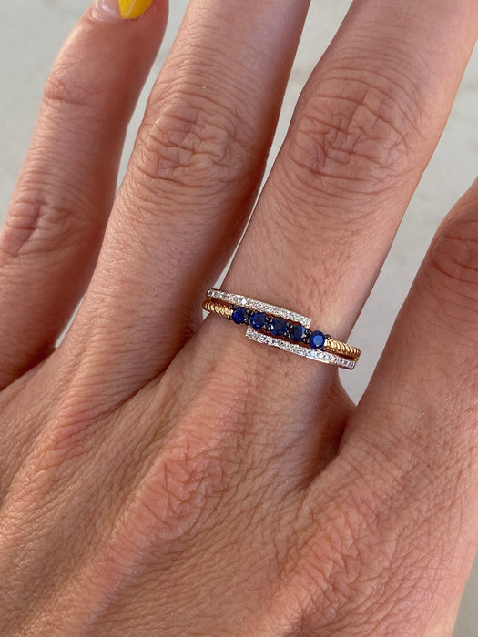 14K Gold Blue Sapphire & Diamond Croissant Ring Size 7