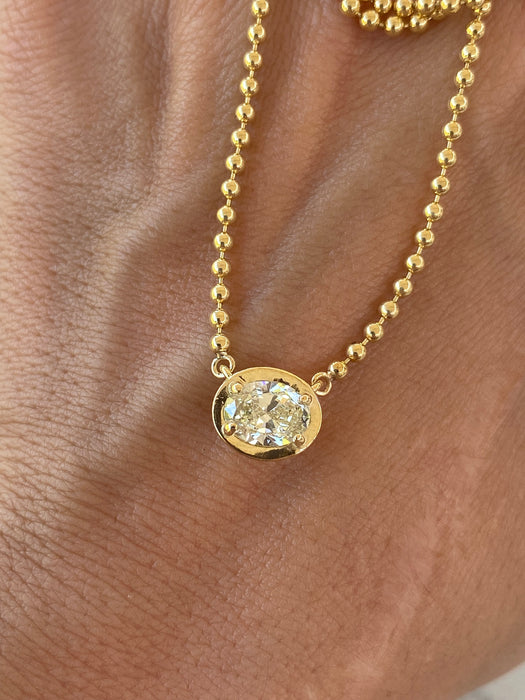 14K Gold East-West Oval Natural Yellow Diamond Bead Chain Necklace