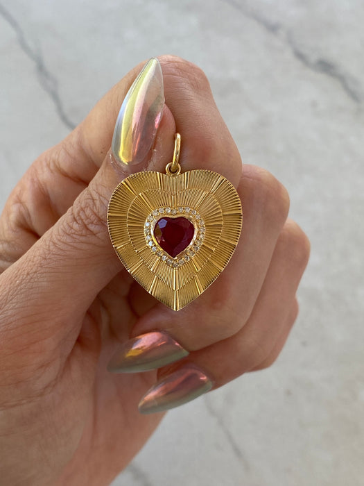 14K Natural Ruby & Diamond Fluted Heart Charm