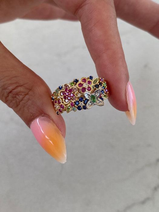 Vintage 18K Multicolor Gemstone & Diamond Floral Ring