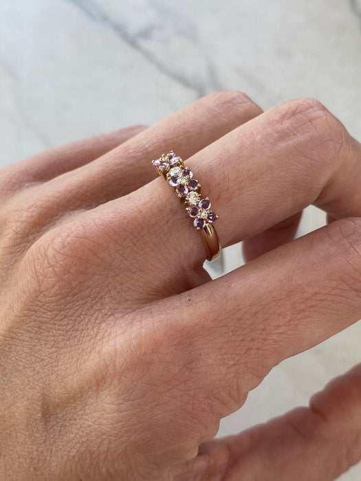 Vintage 18K Rose Gold Padparadscha Sapphire & Diamond Floral Ring