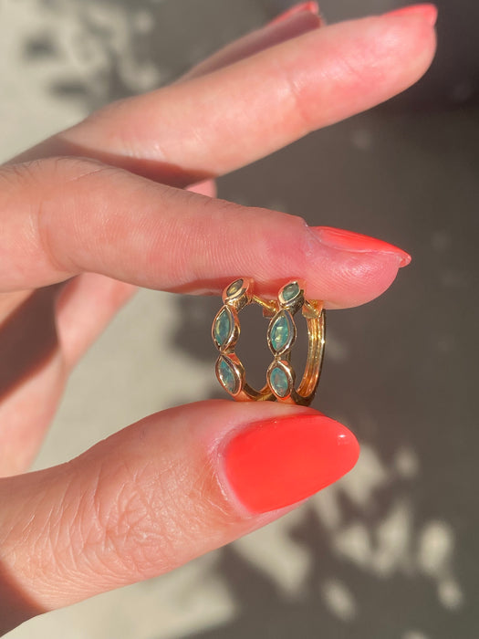 14k bezel set marquise green agate huggie earrings