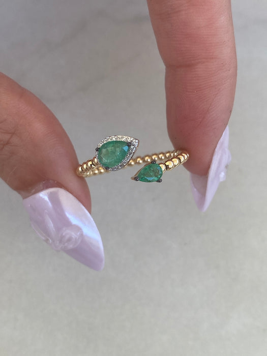 14K Gold Emerald & Diamond Bead Ring