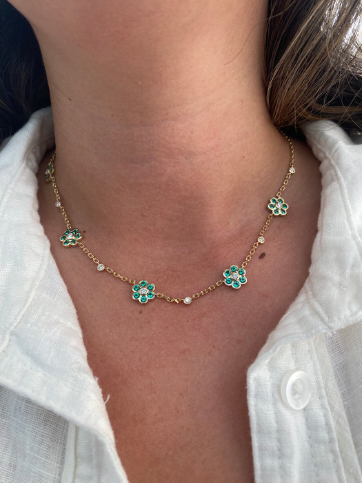 14K Gold Mariner Chain Necklace with Lab Emerald & Diamond Flower Stations