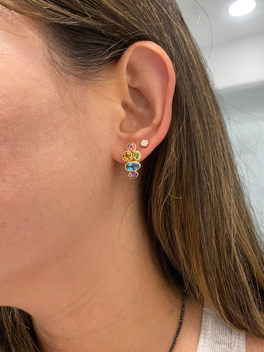 18K Yellow Gold Natural Rainbow Gemstone Bezel-Set J Hoop Earrings