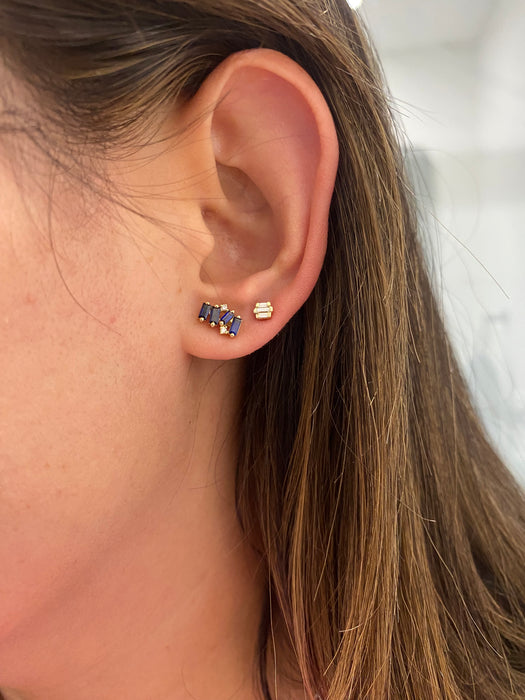 14K Natural Baguette Blue Sapphire & Diamond Earrings