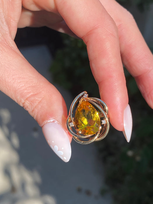 Vintage 14K Gold Pear Citrine & Diamond Ring