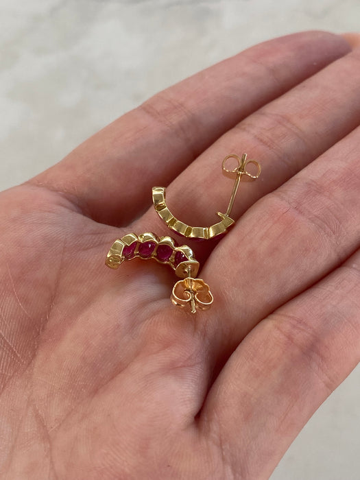 Vintage 18K Gold Ruby J Hoop Earrings – Bezel Set Oval Natural Rubies