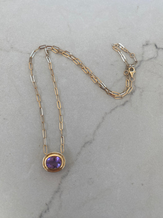 14K Gold East-West Amethyst Paperclip Necklace