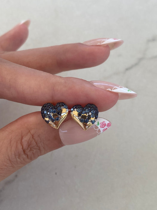 14K Gold Blue Sapphire & Diamond Heart Stud Earrings