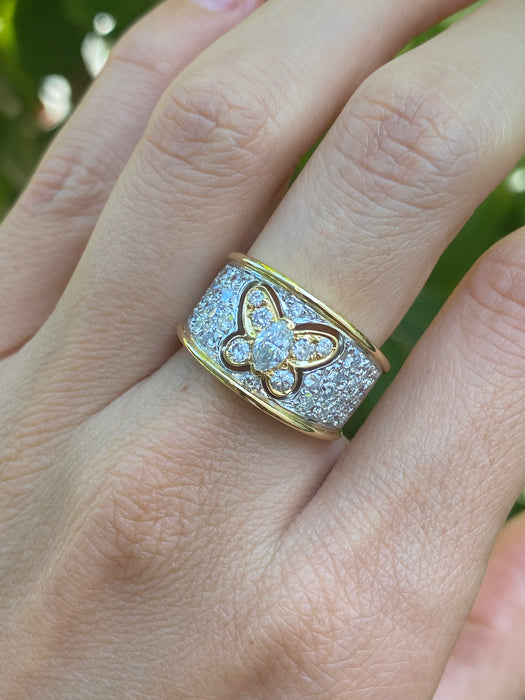 18k two tone diamond butterfly ring size 6.5