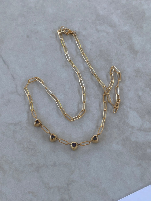 14K Gold Blue Sapphire Heart Paperclip Necklace