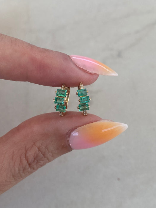 14K Natural Emerald & Diamond Huggie Earrings