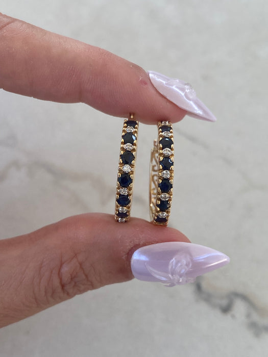 Vintage 14K Gold Blue Sapphire & Diamond Hoop Earrings