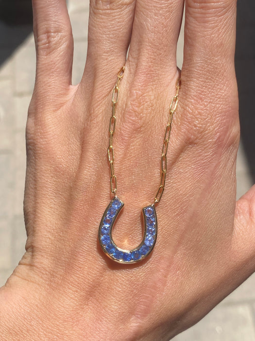 14K Gold Blue Sapphire Ombre Horseshoe Paperclip Necklace