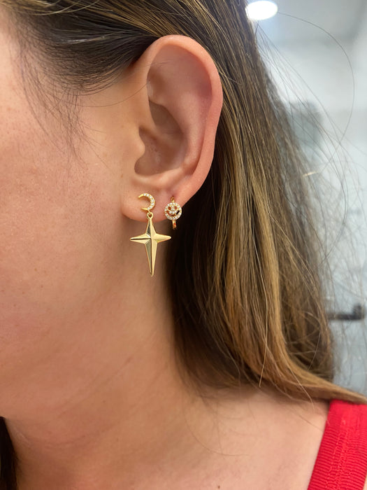 14k Gold Diamond Crescent Moon & Star Drop Earrings