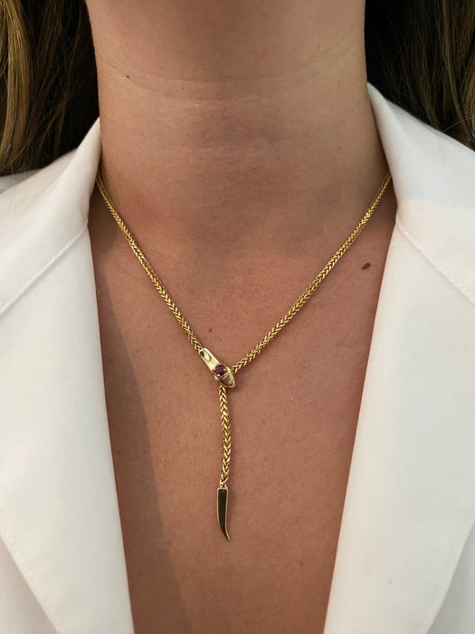14K Gold Ruby Snake Foxtail Chain Lariat Necklace