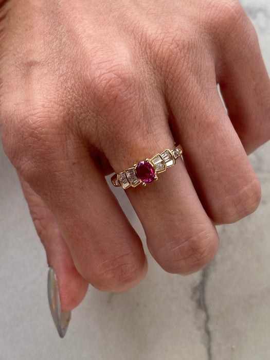 Vintage 18K Ruby & Diamond Ring with Baguette Accents
