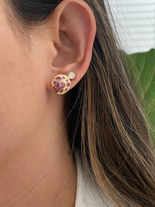 14K Gold Pink Flush Set Button Sapphire Stud Earrings