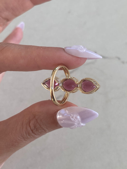 14K Gold Rubellite Tourmaline Three-Stone Vertical Ring