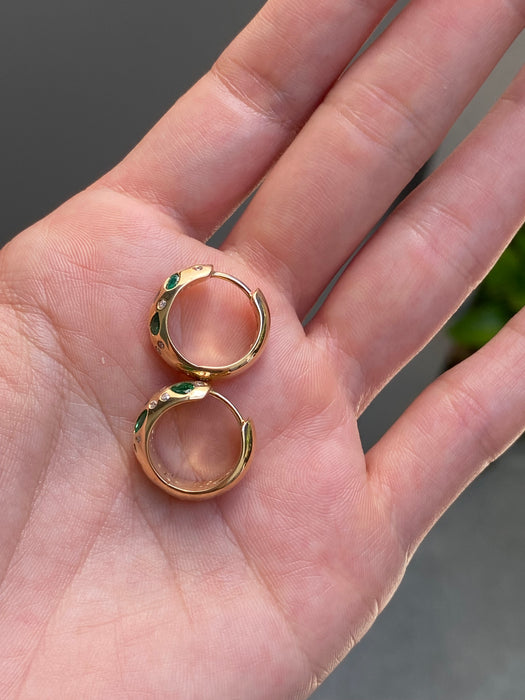 14k emerald fancy diamond heart hoop earrings