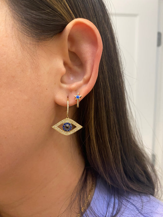 14k diamond blue sapphire evil eye huggie earrings