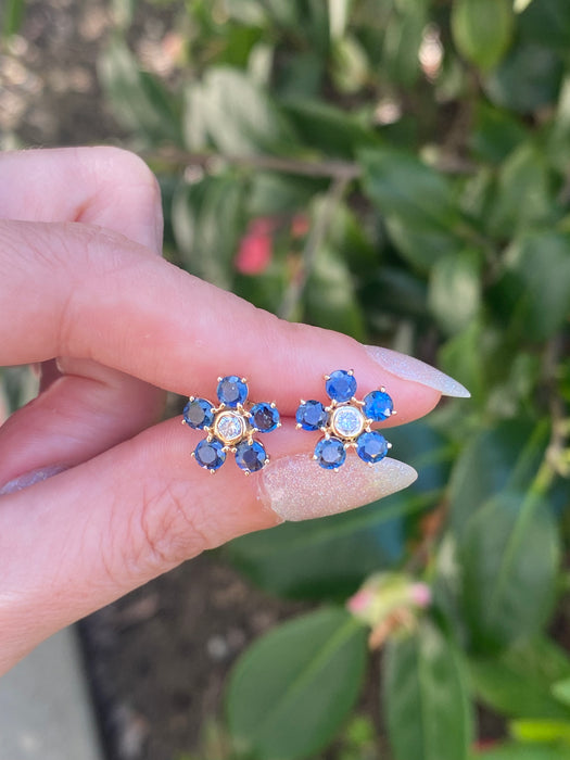 14k blue sapphire and diamond flower stud earrings