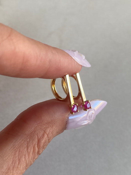 14K Natural Ruby Bar Huggie Earrings