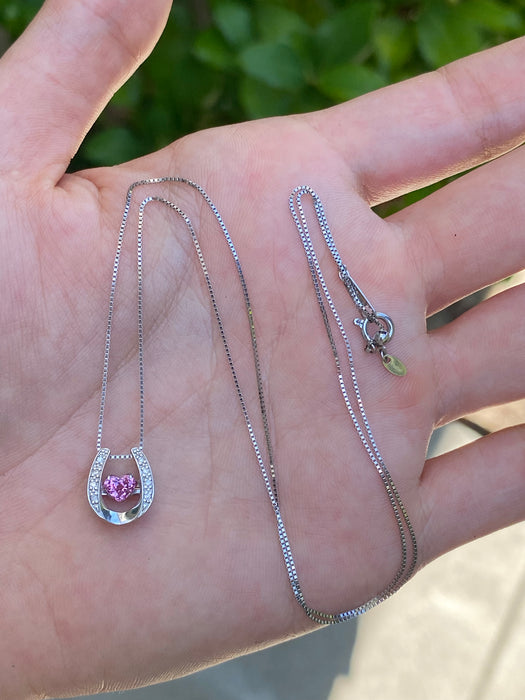 Platinum box chain with horseshoe pink sapphire heart diamond pendant 18”