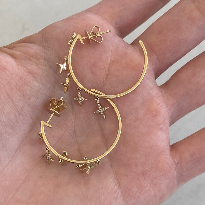 14K Gold Natural Diamond Star Charm J Hoop Earrings