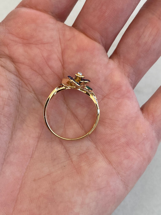14K Gold Sapphire, Emerald & Diamond Flower Ring