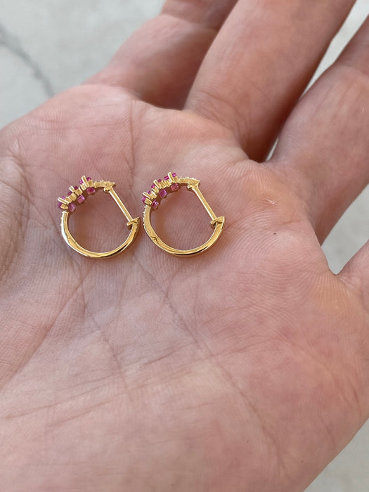 14K Natural Ruby & Diamond Baguette Huggies