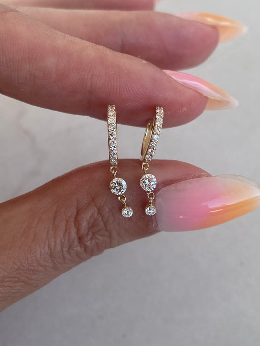 14K Gold Lab Diamond Huggie Earrings with Double Diamond Drops