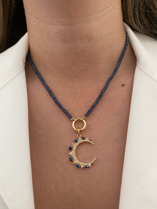 14K Gold Crescent Moon Charm with Blue Sapphire & Diamond Accents – 0.98 TCW