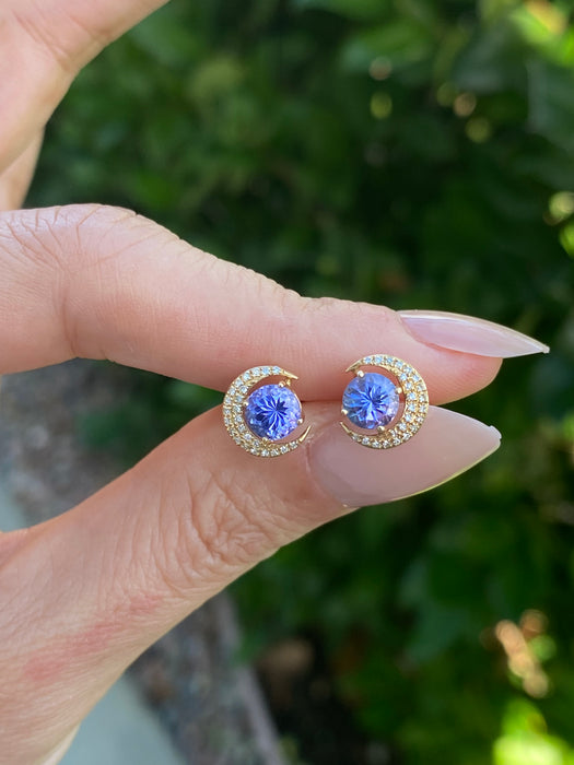 14k tanzanite diamond moon stud earrings
