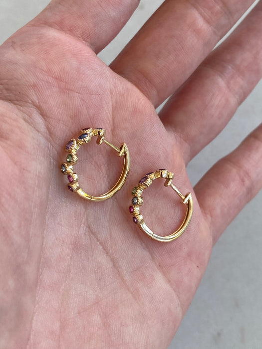 14K Rainbow Gemstone Bezel Huggie Earrings