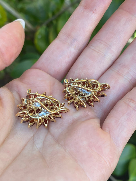 Vintage 14K Gold Marquise Garnet & Diamond Cluster Earrings with Omega Backs