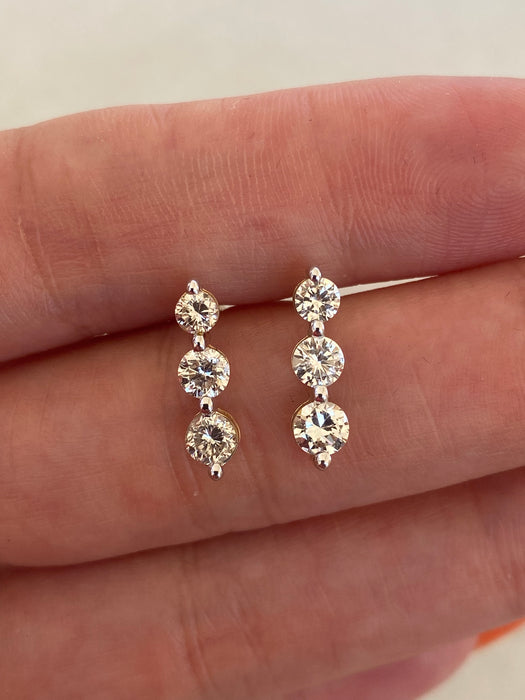 14K Gold Graduated Three Diamond Drop Stud Earrings | 1.00 CTW Natural Diamonds
