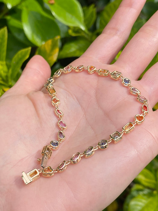 14k fancy cut rainbow sapphire tennis bracelet 8”