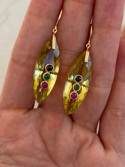 Vintage 18K Carved Lemon Quartz & Gemstone Drop Earrings