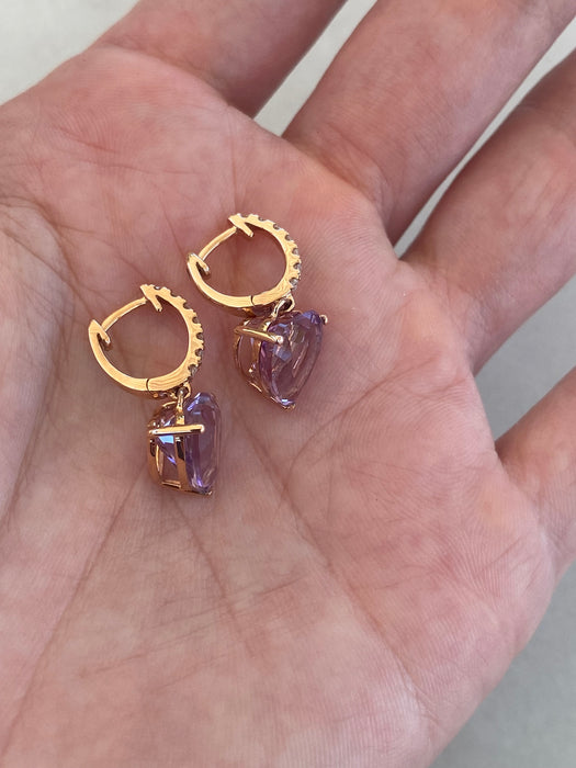 18K Rose Gold Amethyst Heart & Diamond Huggie Earrings | 5.2 CTW Amethyst
