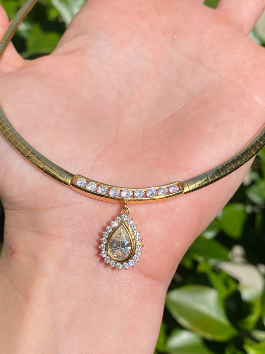 Vintage 18K Gold Diamond Herringbone Necklace 16” – 2.65 TCW Pear Halo Pendant