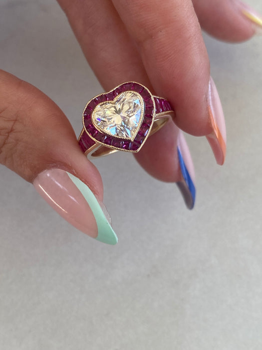 14K Lab Diamond Heart Ring with Natural Ruby Halo